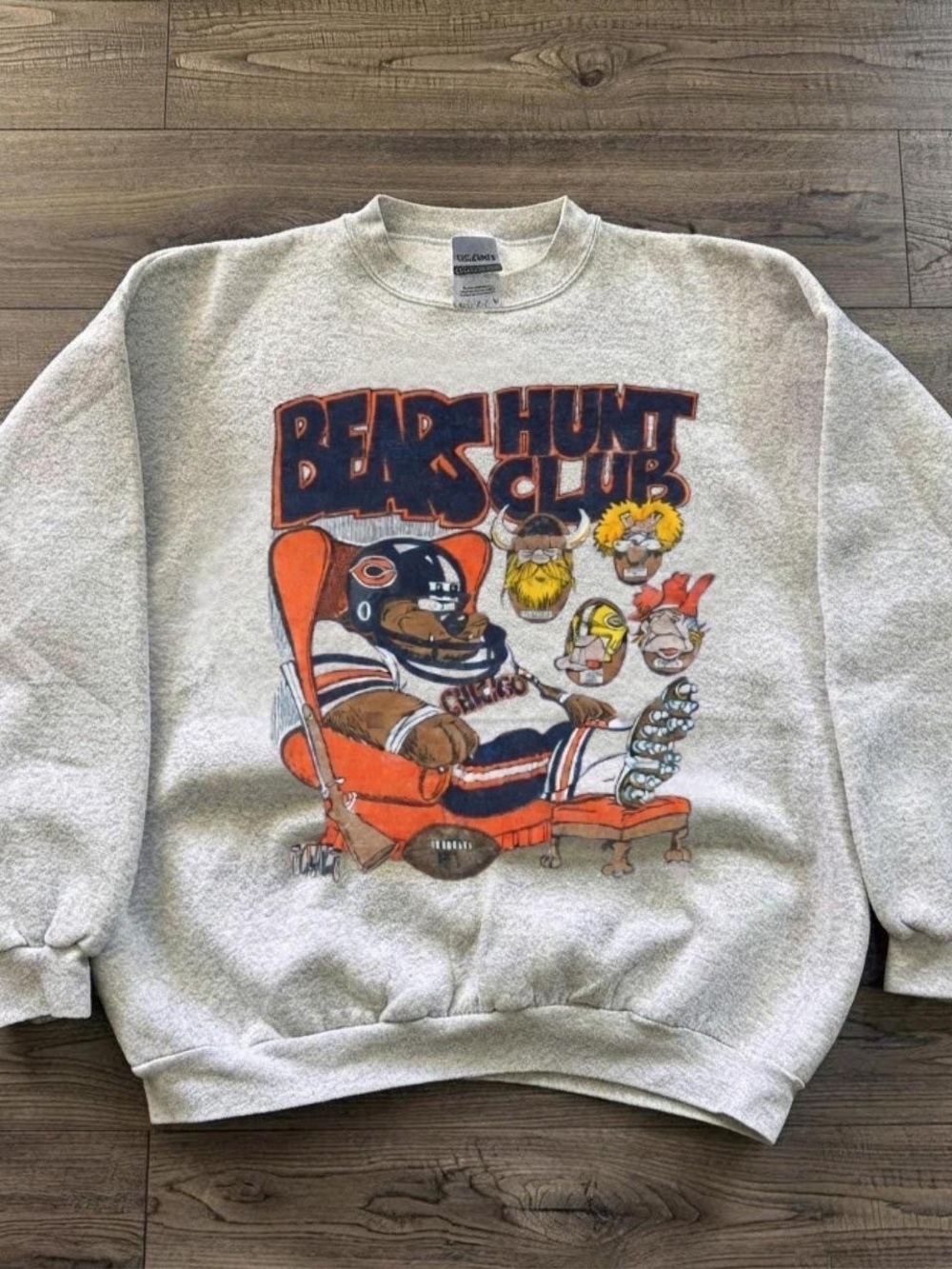 Gildan Gray Crewneck Sweatshirt with Navy & Orange 'Bear Hunt Club' Graphic